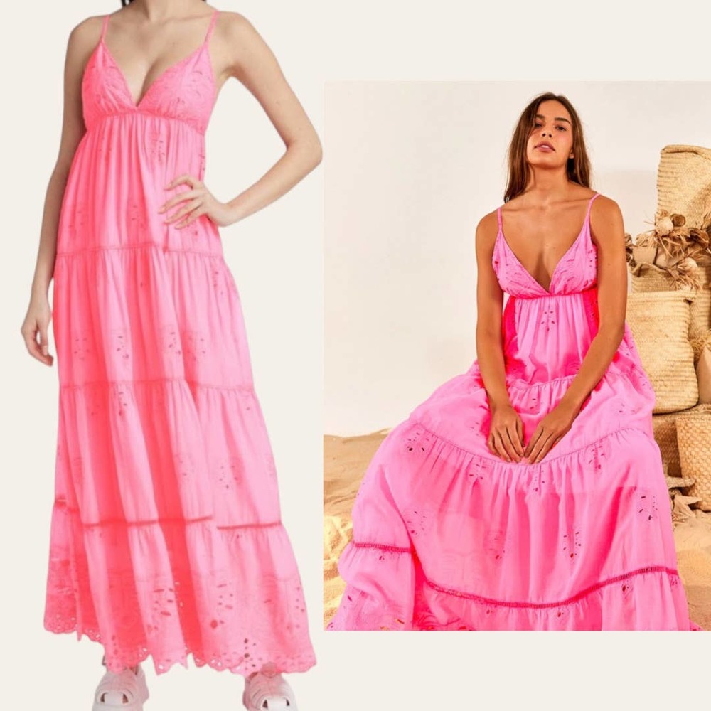 NWT FARM RIO Boho Beachy Neon Pink Laser Cut Eyelet Lace Strapless Maxi Dress